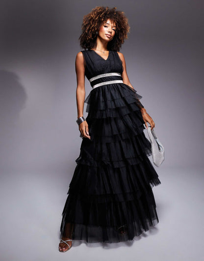 Diamante Belted Tulle Maxi Dress