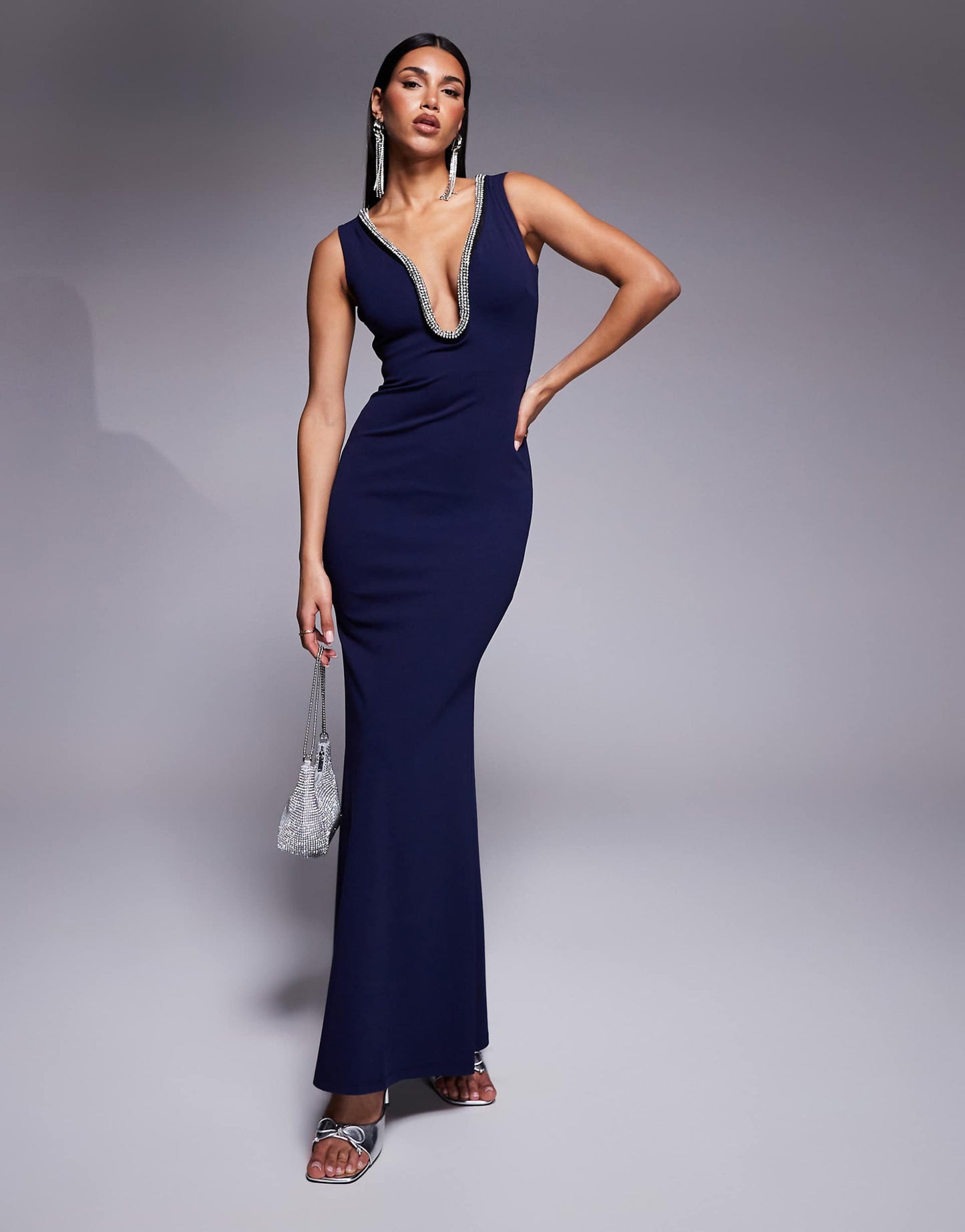 Diamante Embellished Super Plunge Scuba Maxi Dress