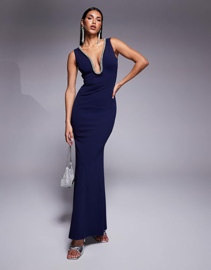 Diamante Embellished Super Plunge Scuba Maxi Dress