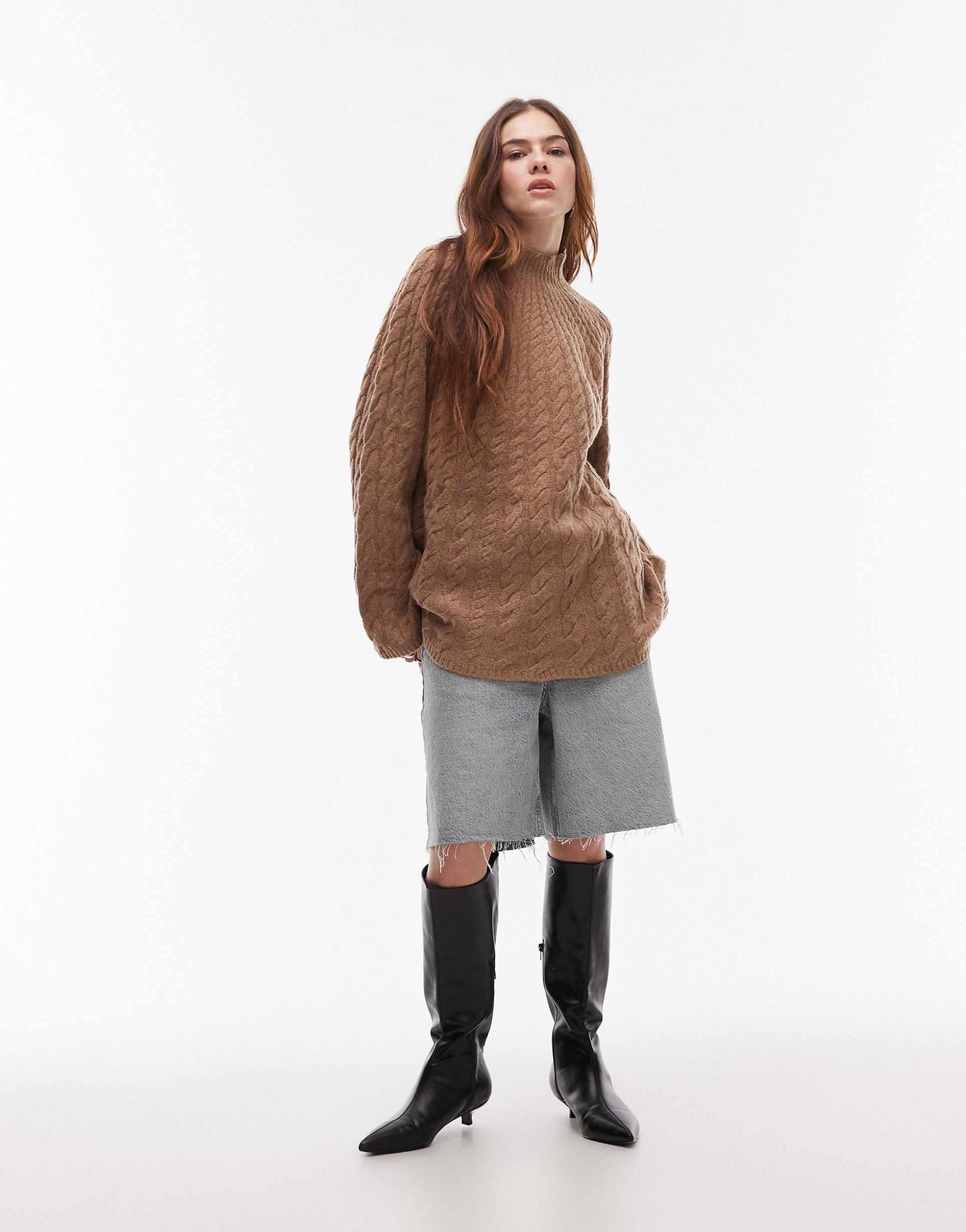 Wool Cable Knit Jumper With Fluted Neck