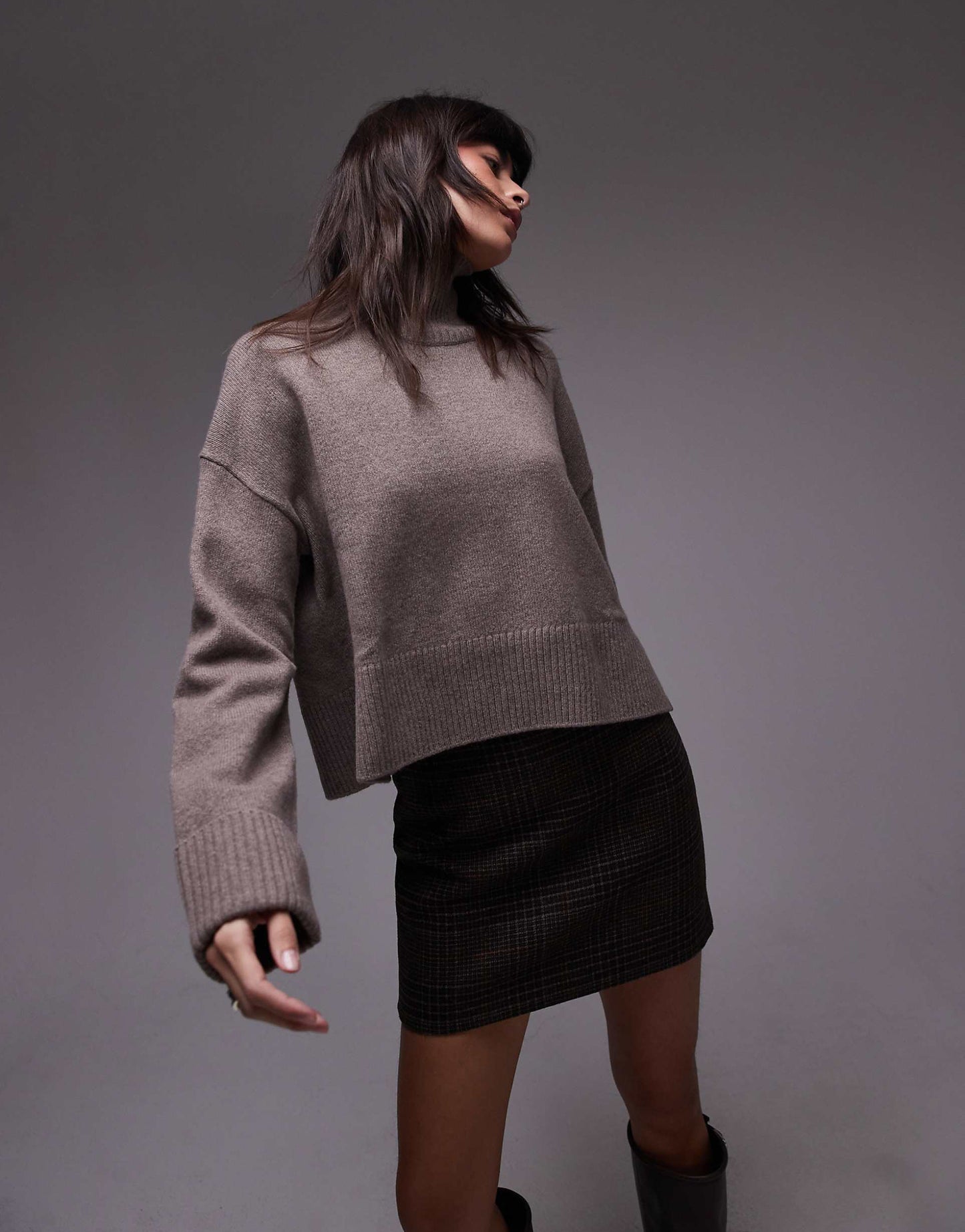 Wool Knitted Rib Funnel Neck Sweater With Split Back Neck And Turn Up Cuffs