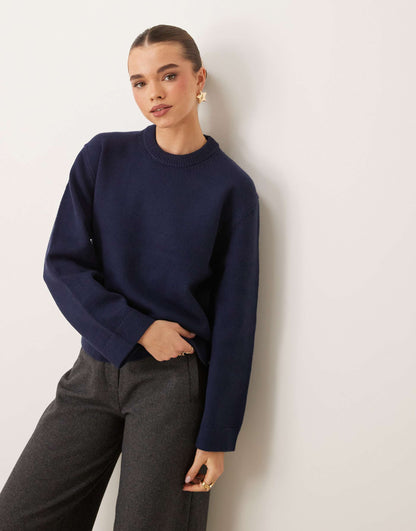 Crew Neck Knitted Sweater With Wide Sleeves