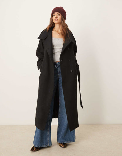 Wool Blend Belted Midaxi Coat With Funnel Neck Detail