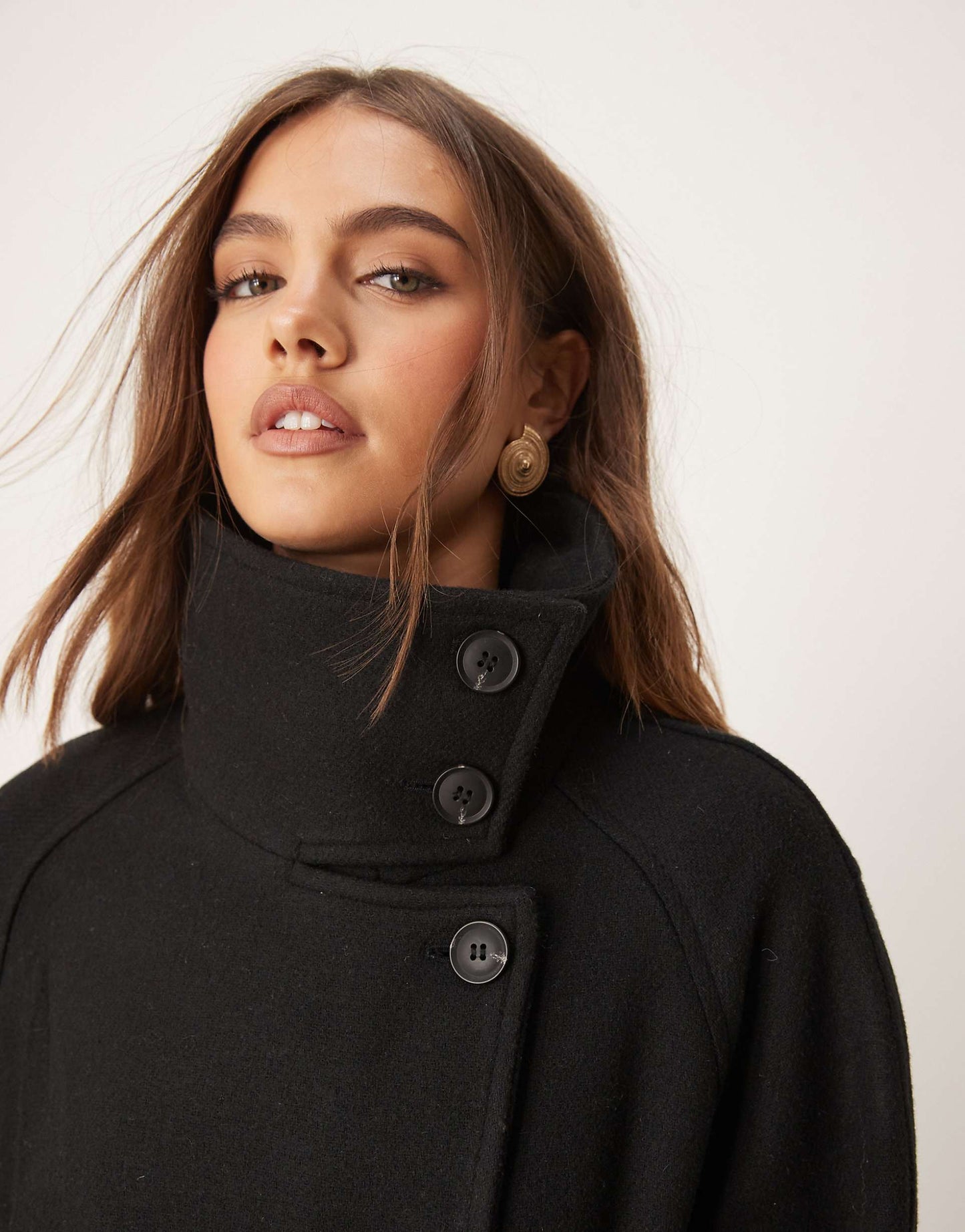 Wool Blend Belted Midaxi Coat With Funnel Neck Detail