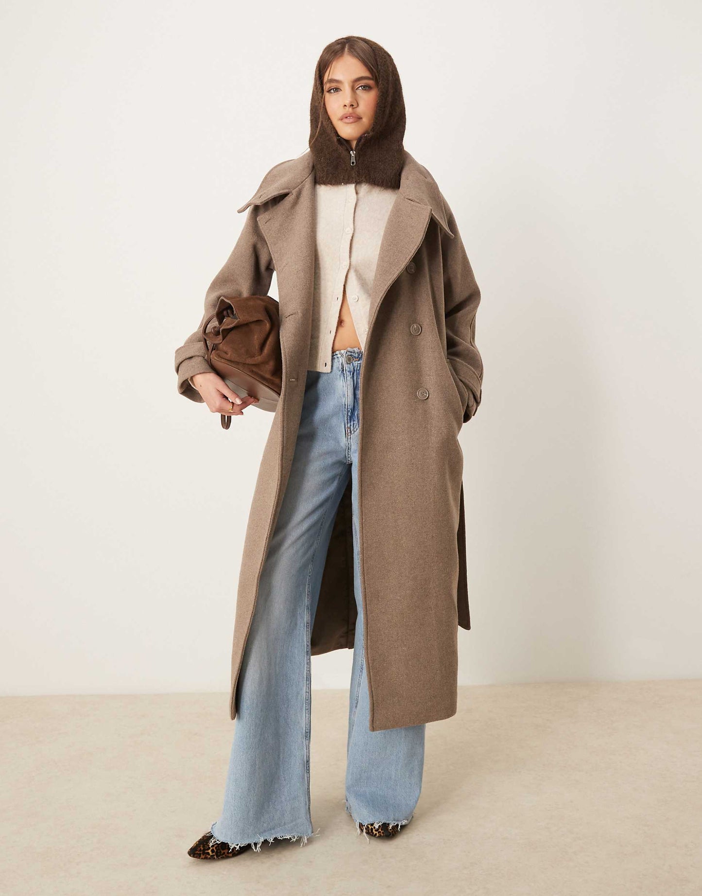 Wool Blend Belted Midaxi Coat With Funnel Neck Detail