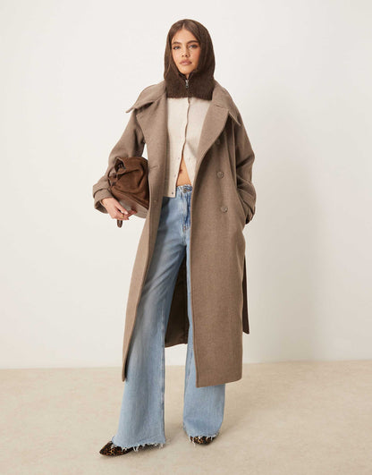 Wool Blend Belted Midaxi Coat With Funnel Neck Detail
