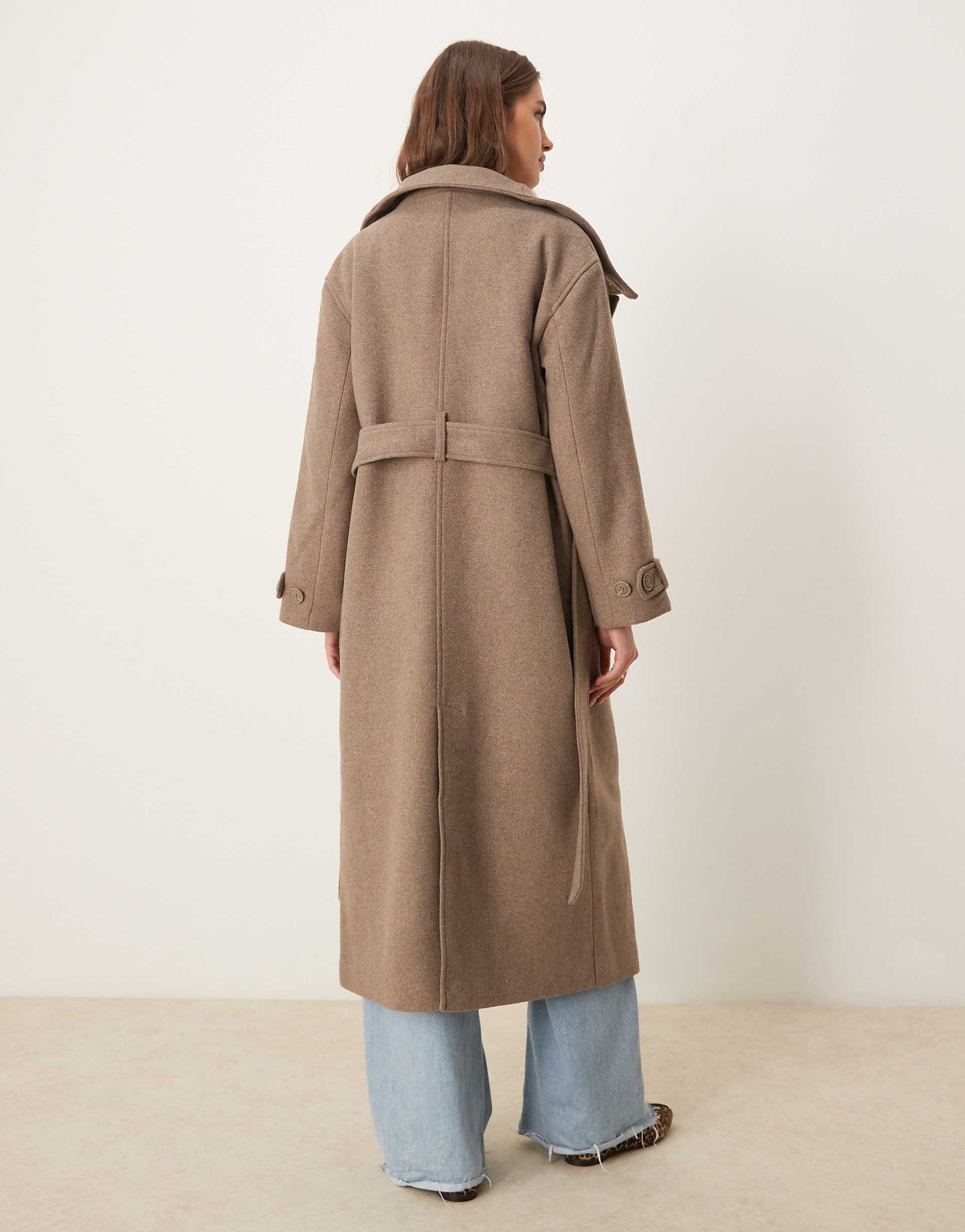Wool Blend Belted Midaxi Coat With Funnel Neck Detail