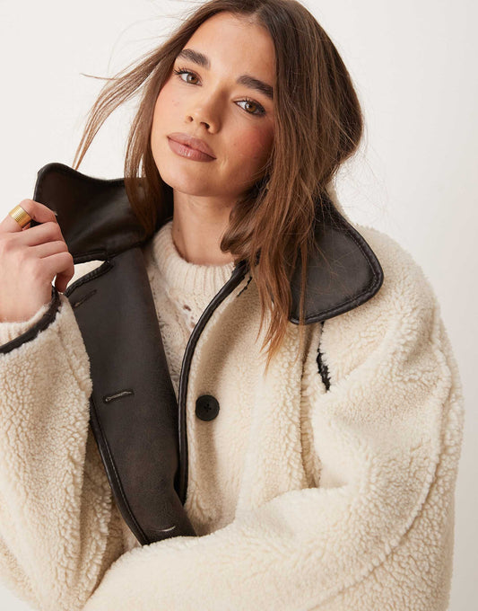 Oversized Reversible Borg Jacket With High Funnel Neck