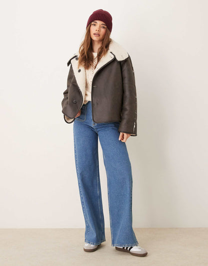Oversized Reversible Borg Jacket With High Funnel Neck