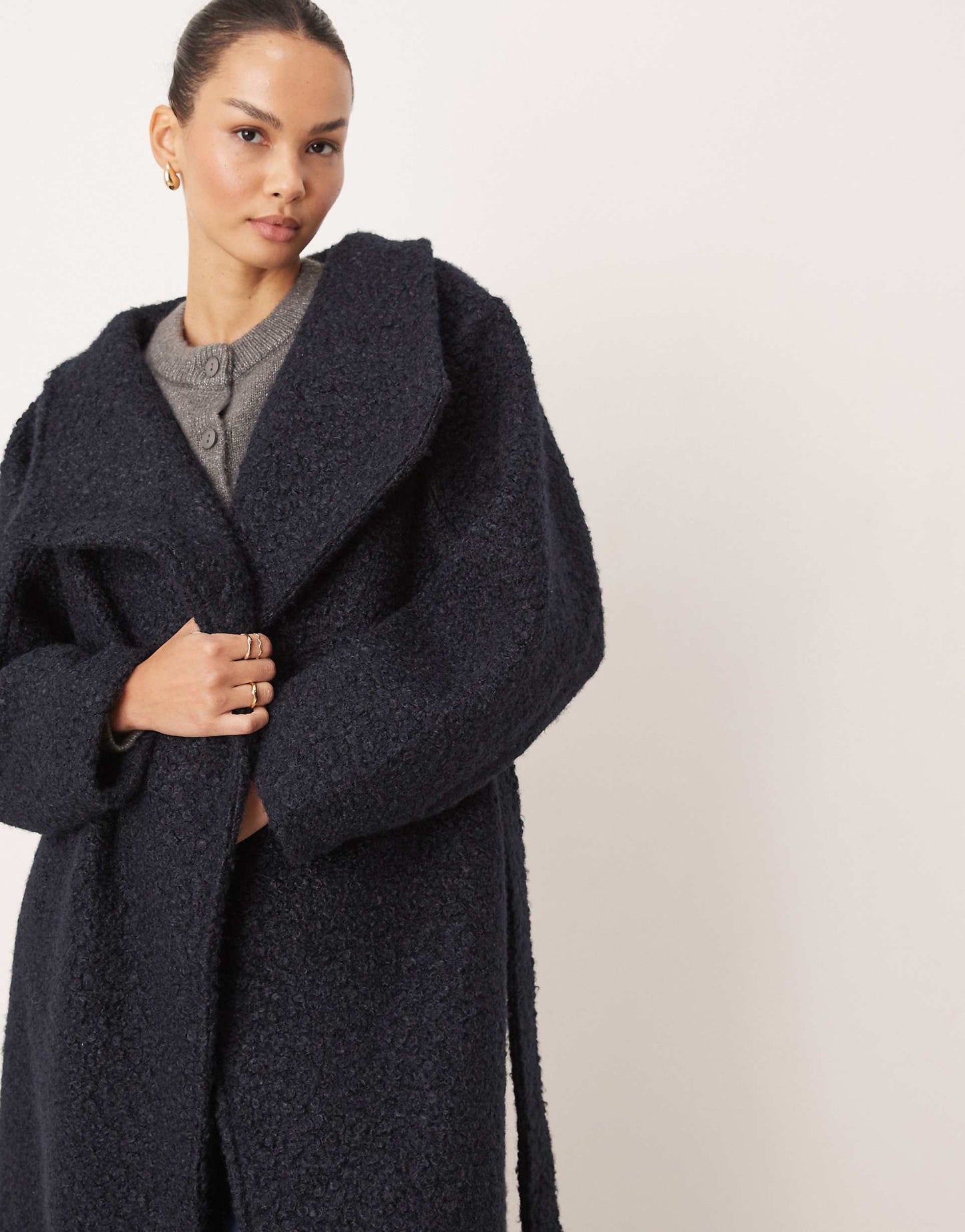 Belted Wrap Midi Coat With Funnel Neck