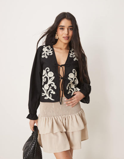 Contrast Floral Embroidered Tie Front Blouse