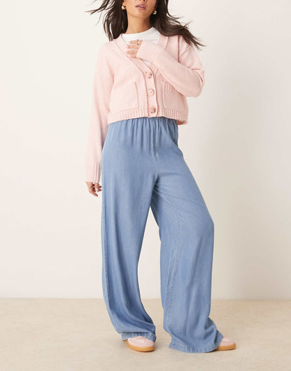 Elasticated Waist Wide Leg Chambray Trousers