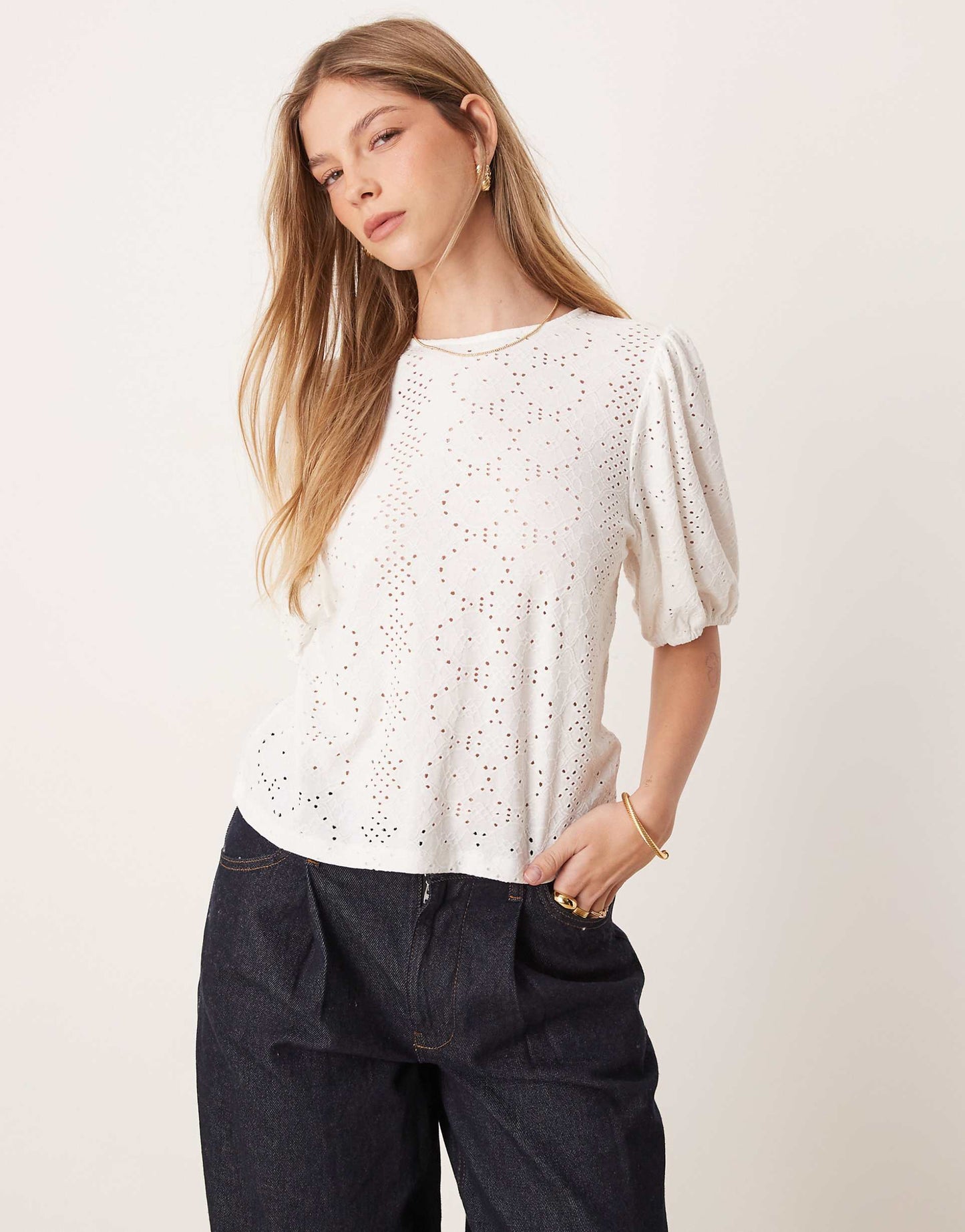 Broderie T-Shirt With Puff Sleeve Detail
