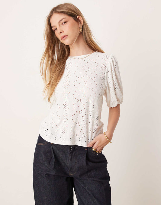 Broderie T-Shirt With Puff Sleeve Detail