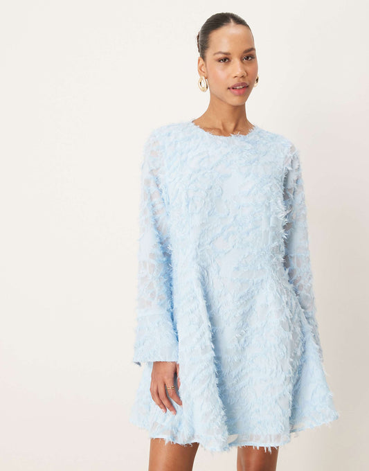 Long Sleeved Feathered Mini  Dress
