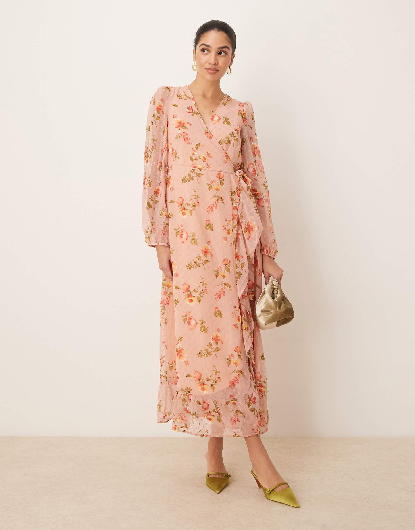 Dobby Wrap Maxi Dress With Frill Detail