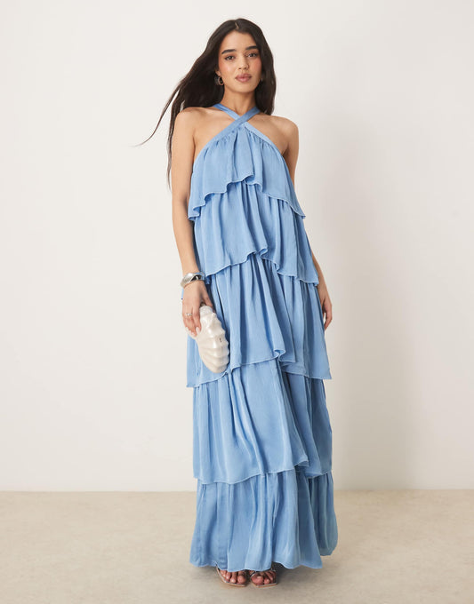 Halter Neck Tiered Ruffle Maxi Dress