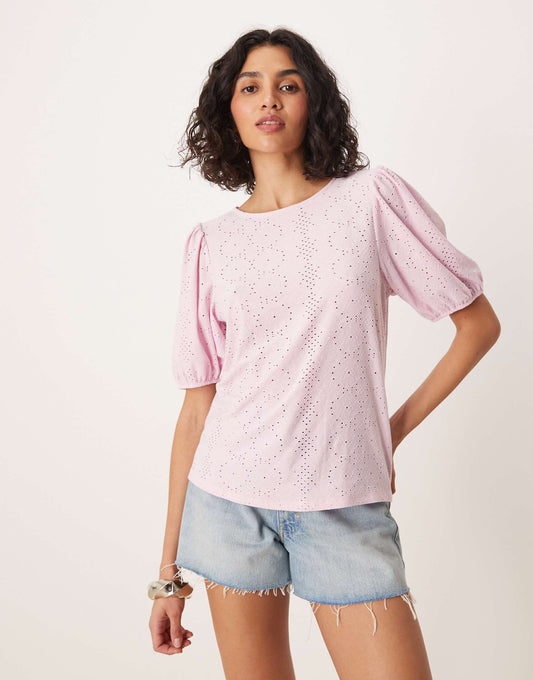 Broderie T-Shirt With Puff Sleeve Detail