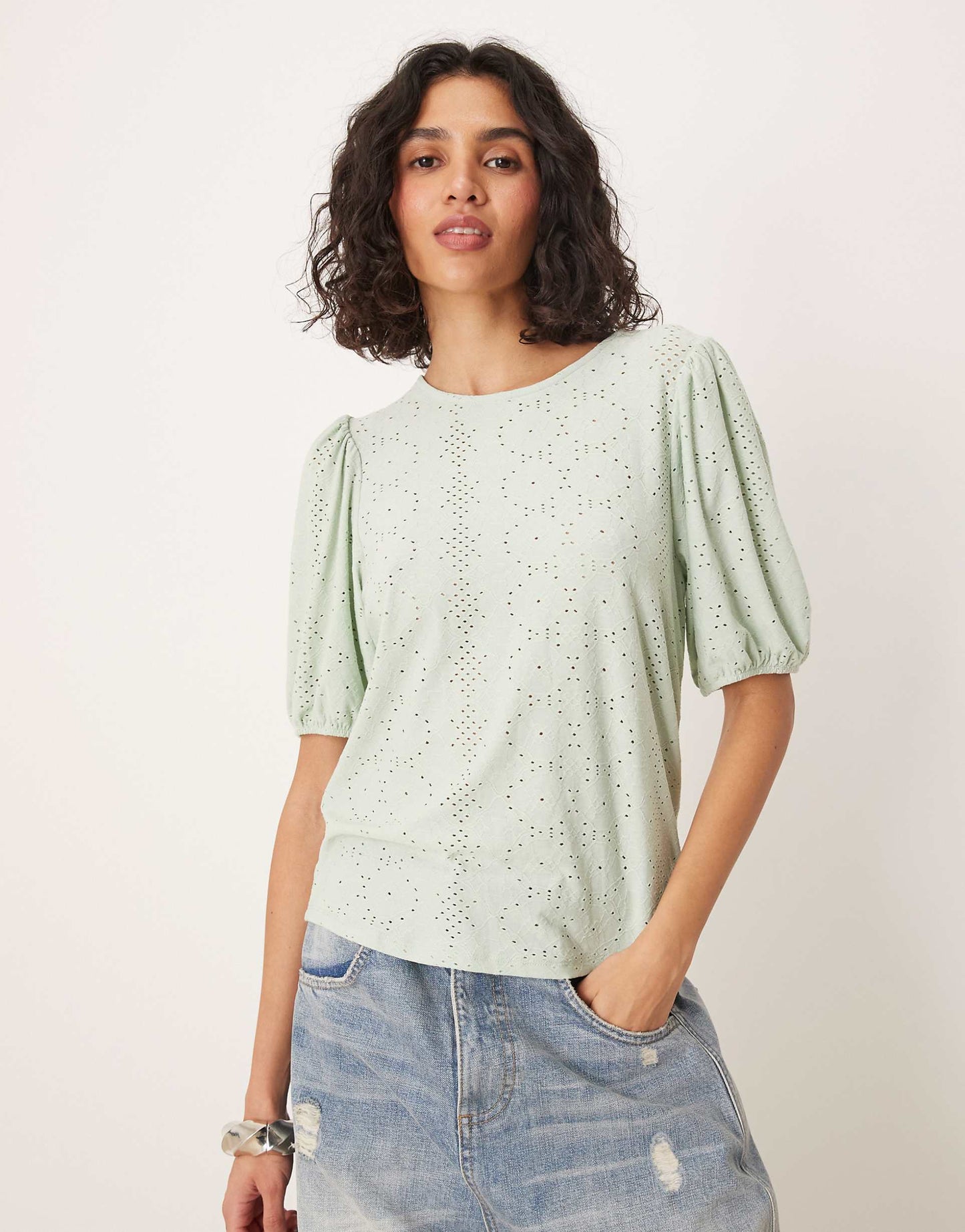 Broderie T-Shirt With Puff Sleeve Detail