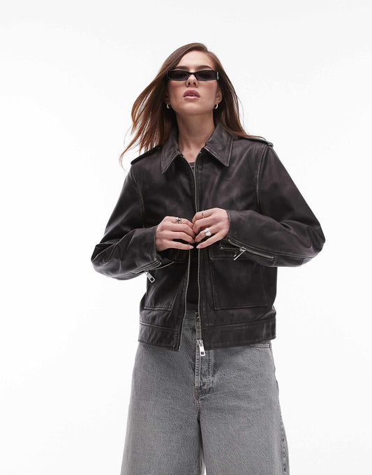 Premium Real Leather Zip Through Jacket