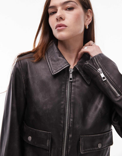 Premium Real Leather Zip Through Jacket