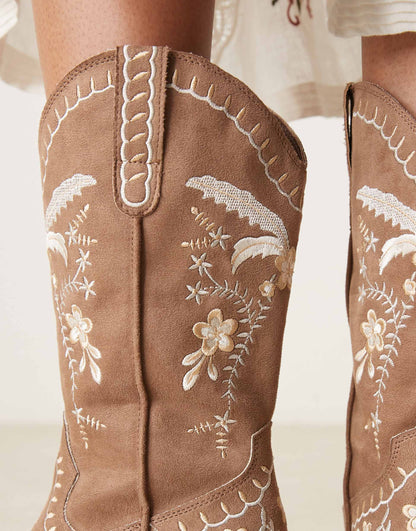 Wide Fit Embroidered Western Knee Boots