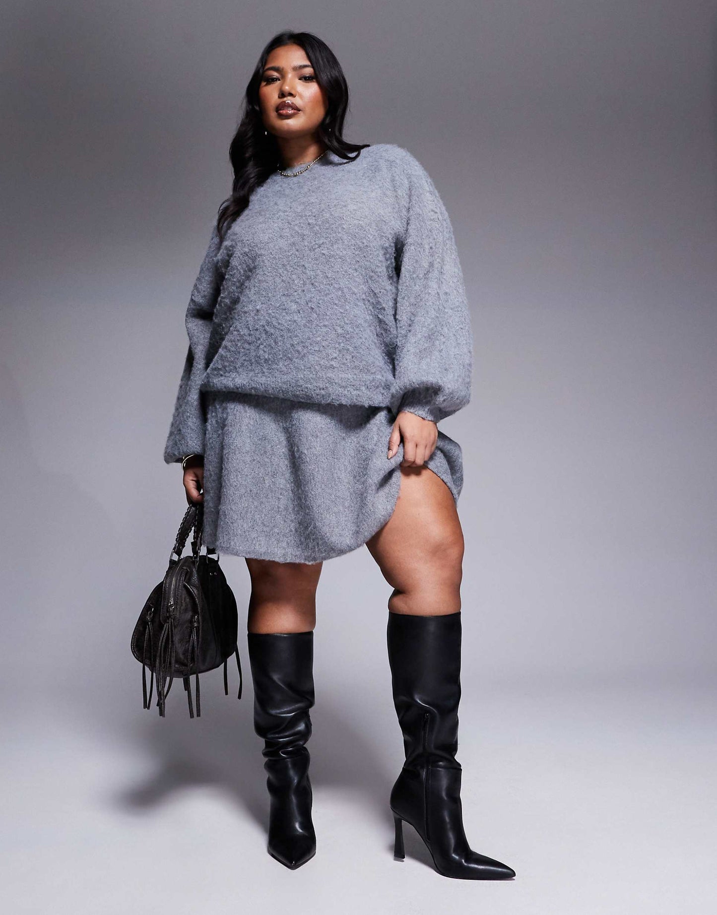 Pleated Knitted Fluffy Yarn Skirt Co-Ord