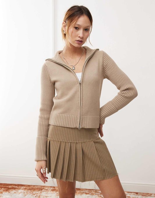 Winona High Neck Zip Cardigan With Folded Cuffs