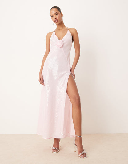 Sequin Corsage Halter Neck Maxi Dress