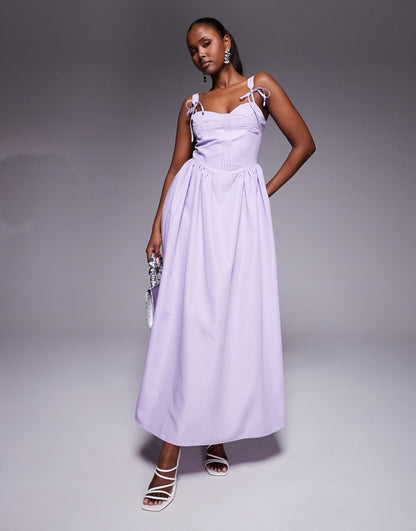 Poplin Corset Tie Strap Detail Gathered Skirt Maxi Dress