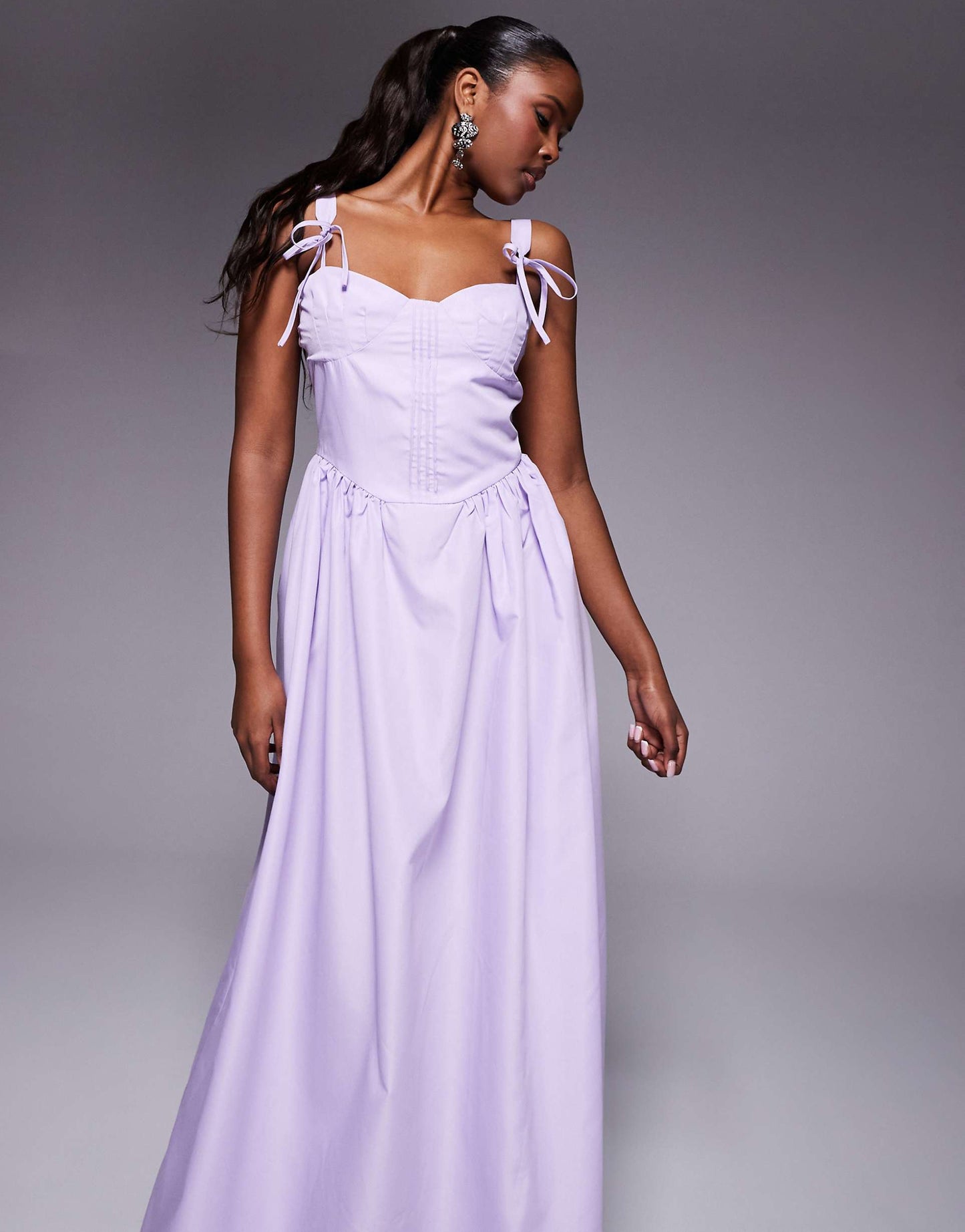 Poplin Corset Tie Strap Detail Gathered Skirt Maxi Dress
