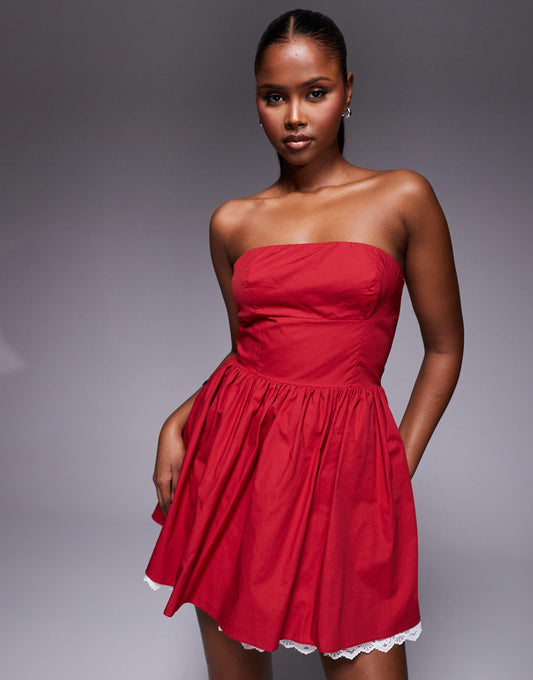 Poplin Bandeau Contrast Lace Hem Mini Skater Dress
