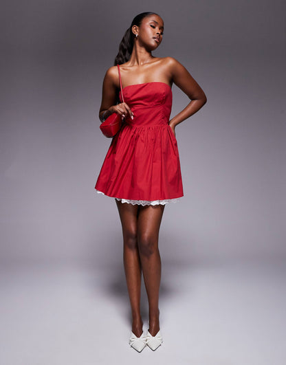 Poplin Bandeau Contrast Lace Hem Mini Skater Dress