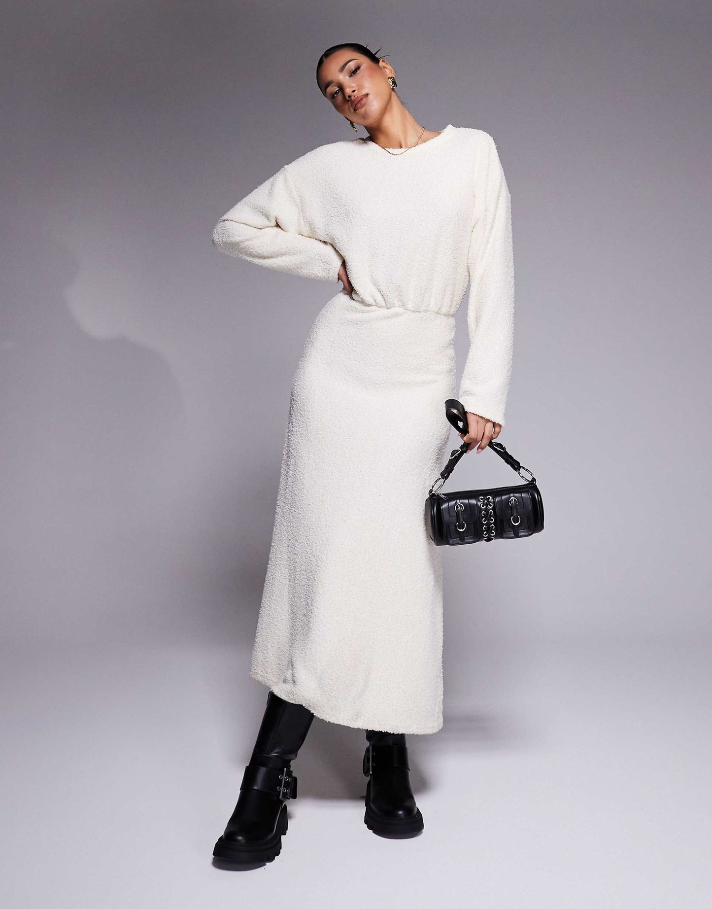 Fluffy Long Sleeve Blouson Midi Dress