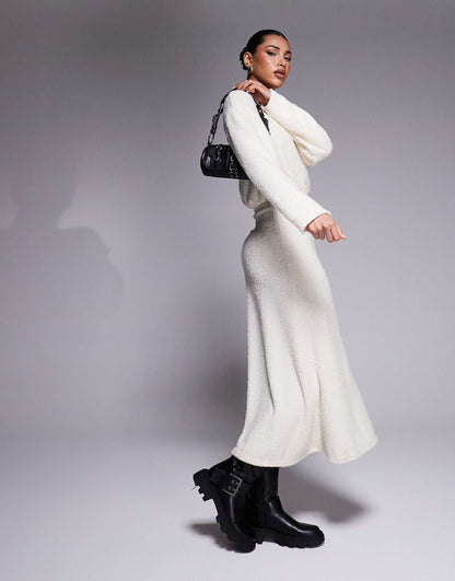 Fluffy Long Sleeve Blouson Midi Dress