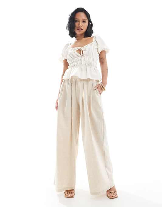 Petite Exclusive Linen Blend Tailored Ruched Waistband Wide Leg Trousers