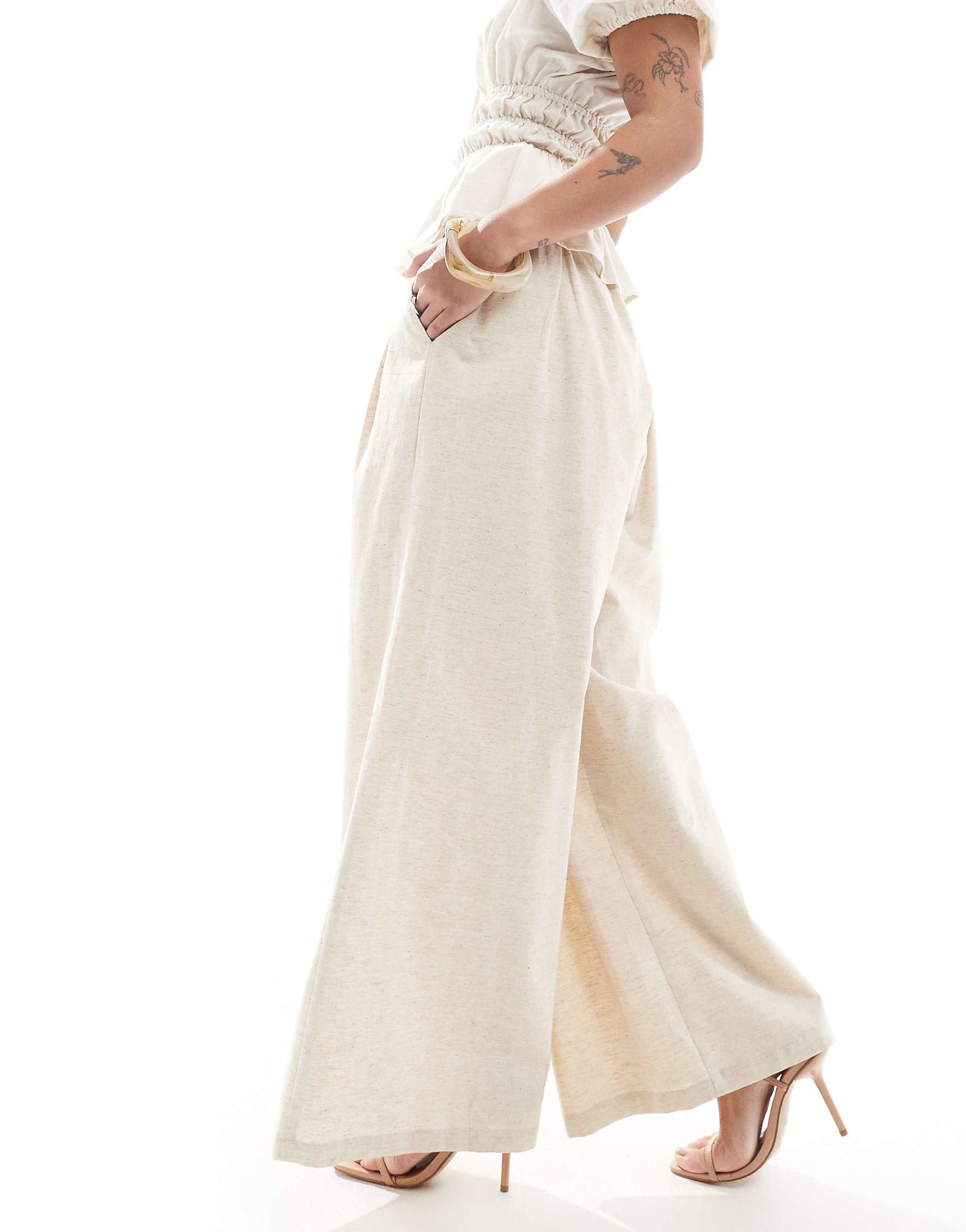 Petite Exclusive Linen Blend Tailored Ruched Waistband Wide Leg Trousers
