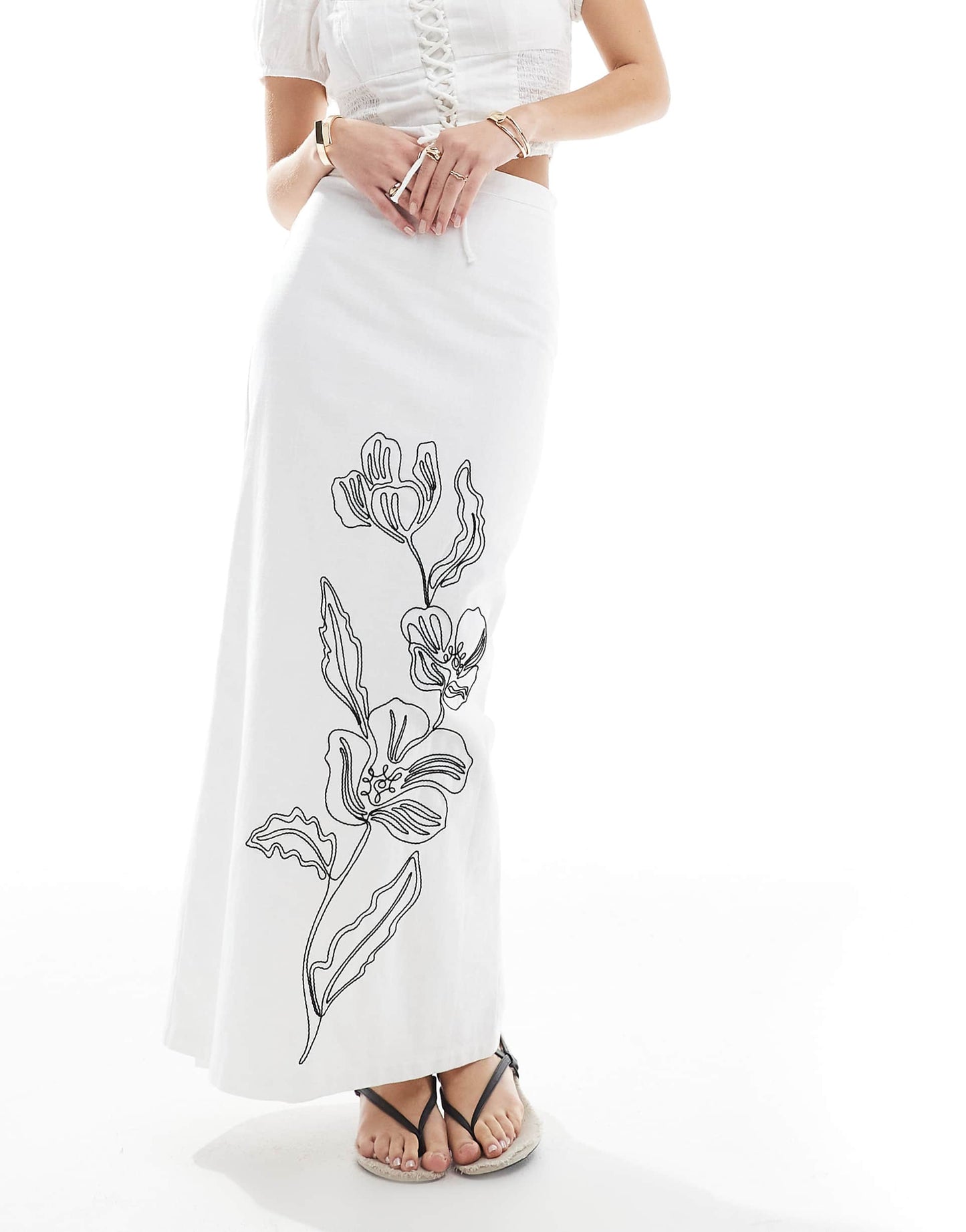 Linen Look Floral Embroidered Maxi Skirt