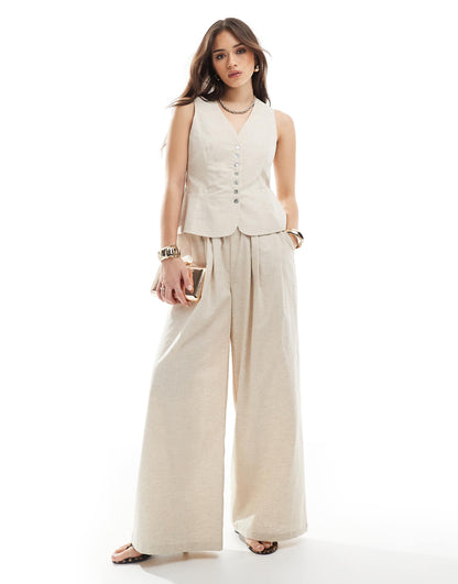 Linen Blend Tailored Ruched Waistband Wide Leg Trousers Co-Ord