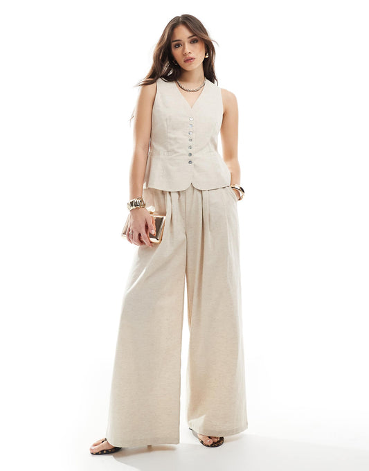 Linen Blend Tailored Ruched Waistband Wide Leg Trousers Co-Ord