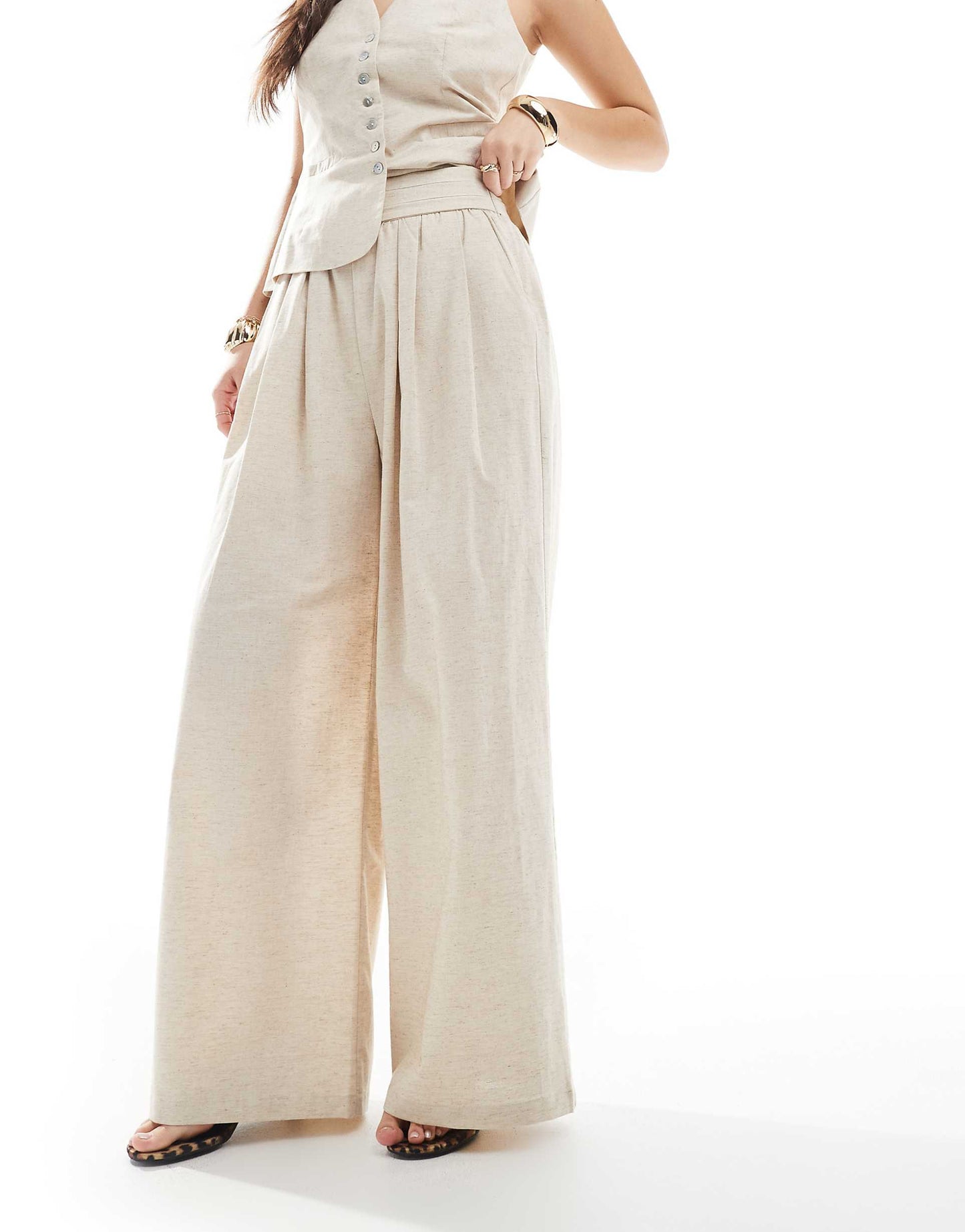Linen Blend Tailored Ruched Waistband Wide Leg Trousers Co-Ord