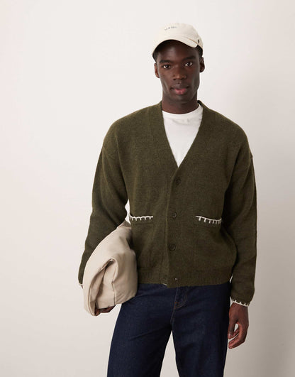 Relaxed Boxy Fit Knitted Cardigan With Blanket Stitch Detail Pockets