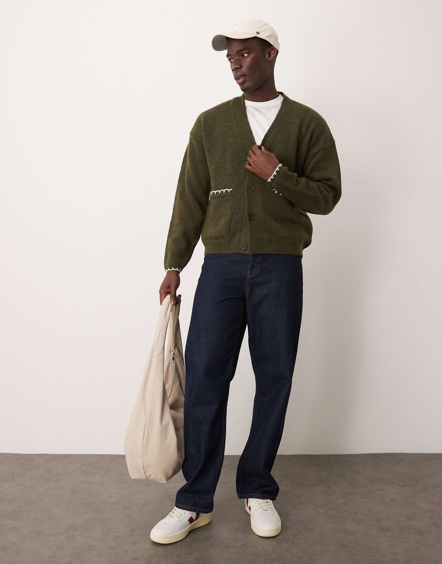 Relaxed Boxy Fit Knitted Cardigan With Blanket Stitch Detail Pockets