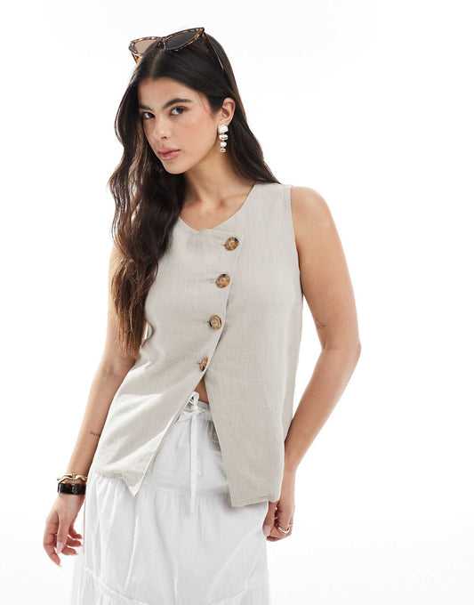 Linen Look Asymmetric Button Front Waistcoat