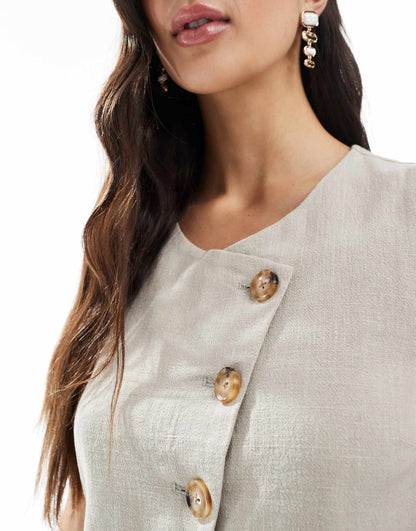 Linen Look Asymmetric Button Front Waistcoat