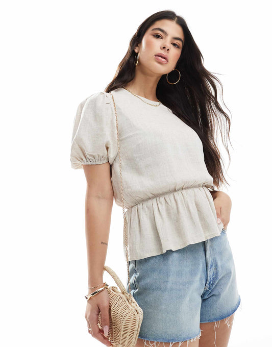 Linen Look Peplum Top With Puff Sleeve