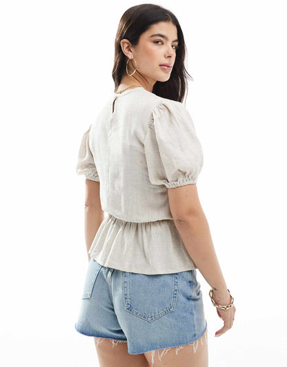 Linen Look Peplum Top With Puff Sleeve