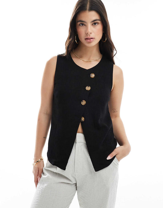 Linen Look Asymmetric Button Front Waistcoat