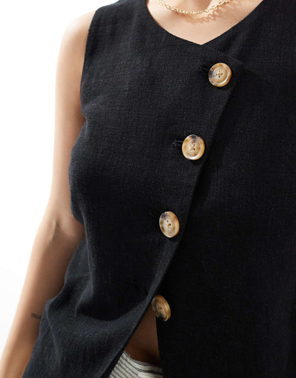 Linen Look Asymmetric Button Front Waistcoat