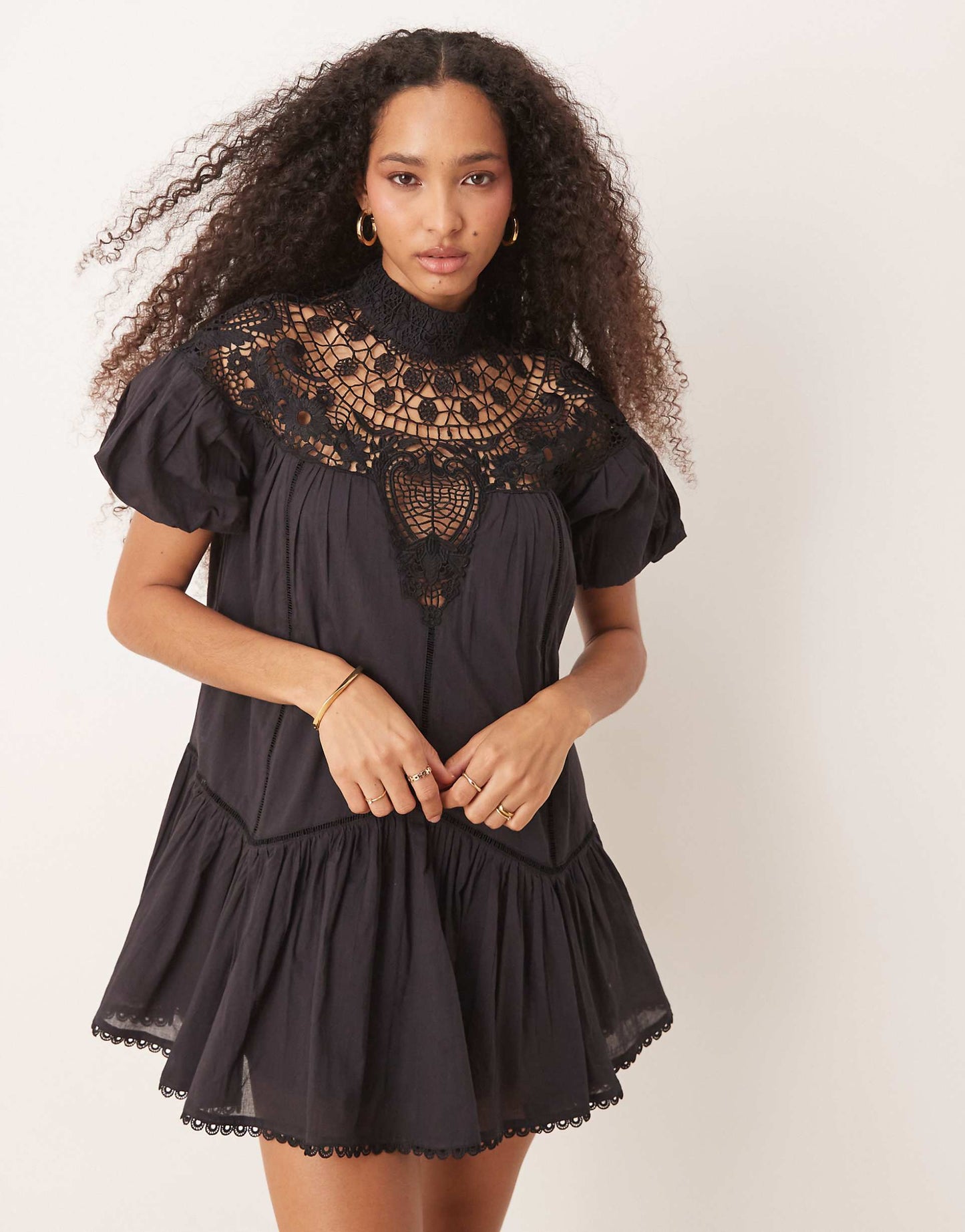 Lace Detail Puff Sleeve Mini Dress